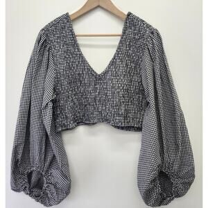 Live 4 Truth Smocked Bishop Sleeve Cropped Top XL Black White Gingham Check